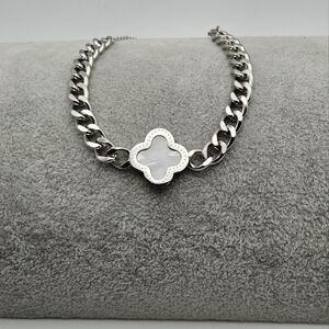 Chunky Cuban Link Stainless Steel Bracelet, Dual Sided Black and White Clover